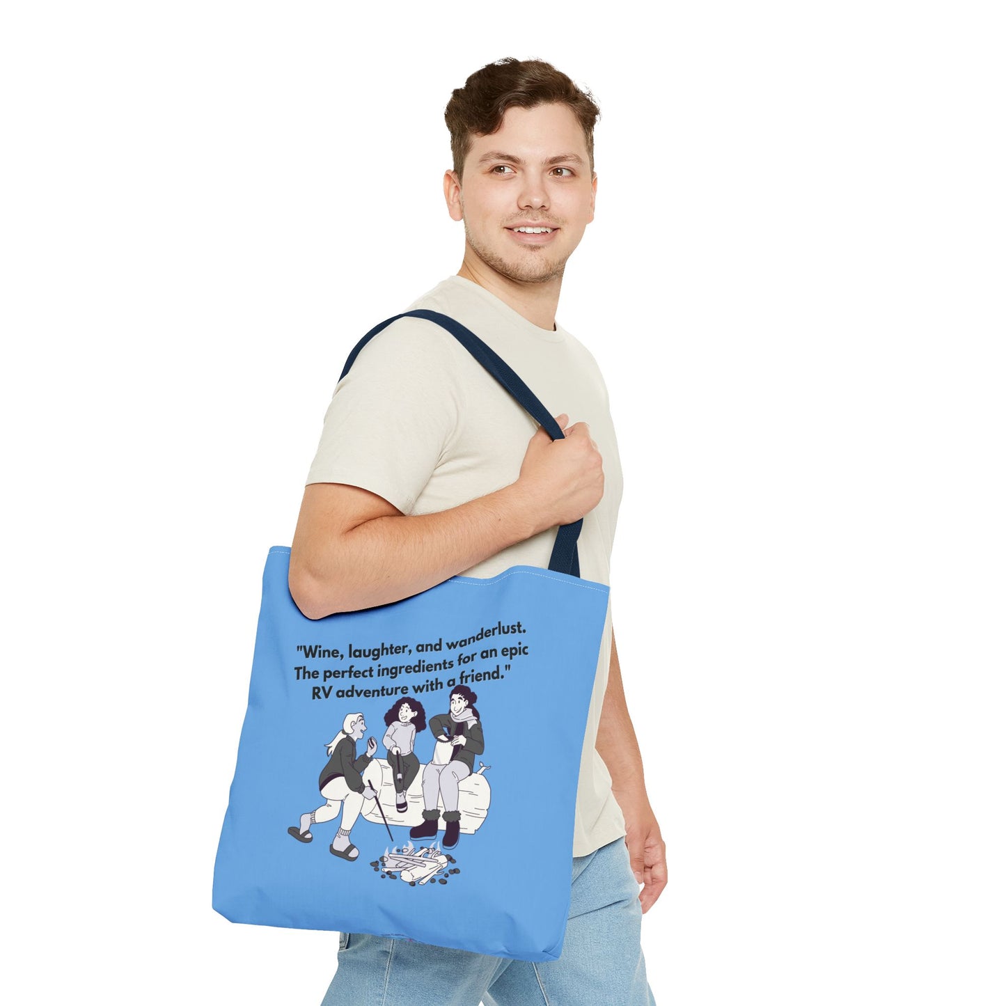 Wine Laughter and Wanderlust RVing Women Blue Tote Bag (AOP)