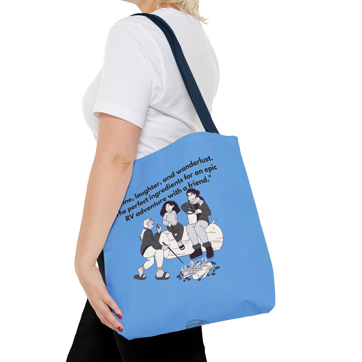 Wine Laughter and Wanderlust RVing Women Blue Tote Bag (AOP)