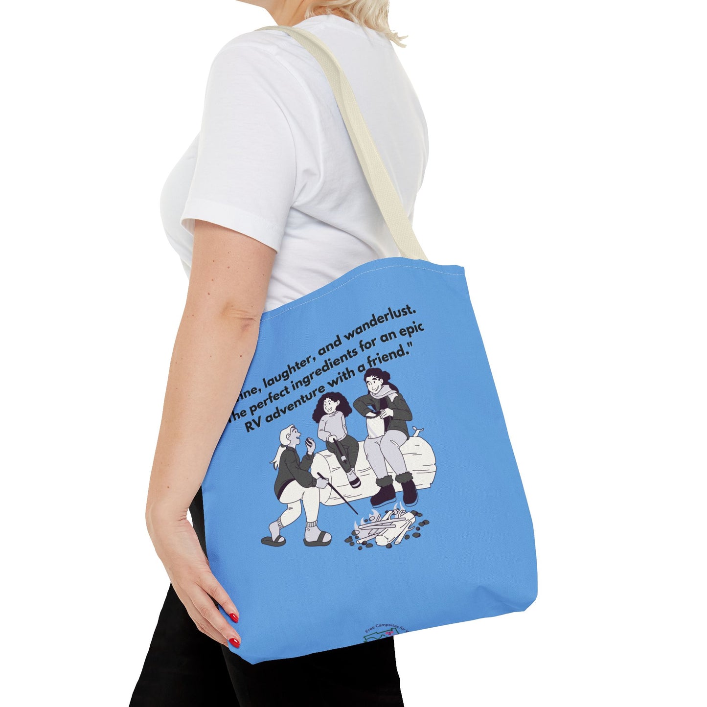 Wine Laughter and Wanderlust RVing Women Blue Tote Bag (AOP)