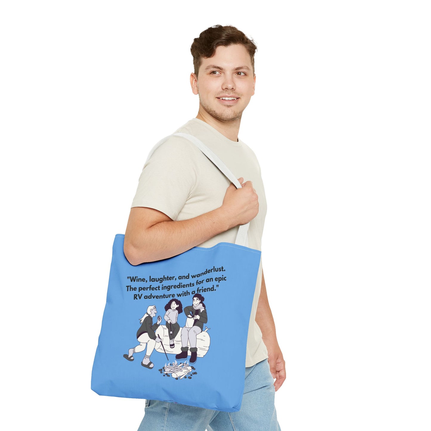 Wine Laughter and Wanderlust RVing Women Blue Tote Bag (AOP)